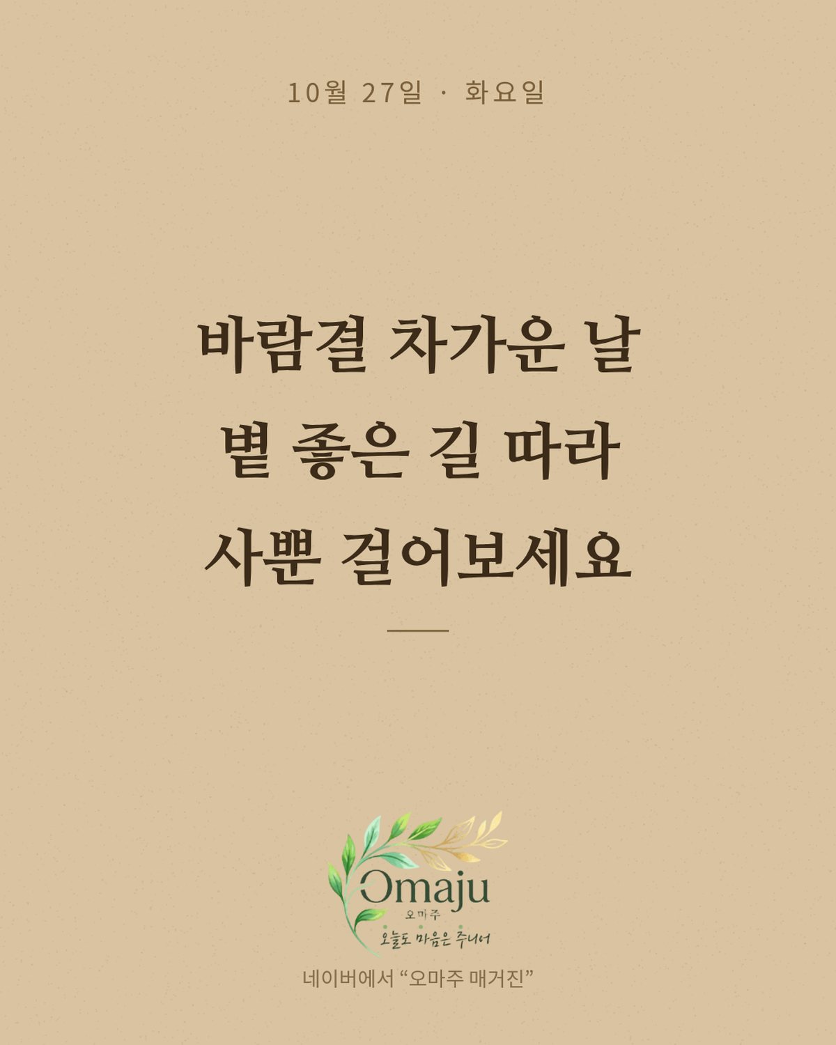 10월 27일 화요일 좋은 아침 인사 이미지 1 — 바람결 차가운 날 볕 좋은 길 따라 사뿐 걸어보세요