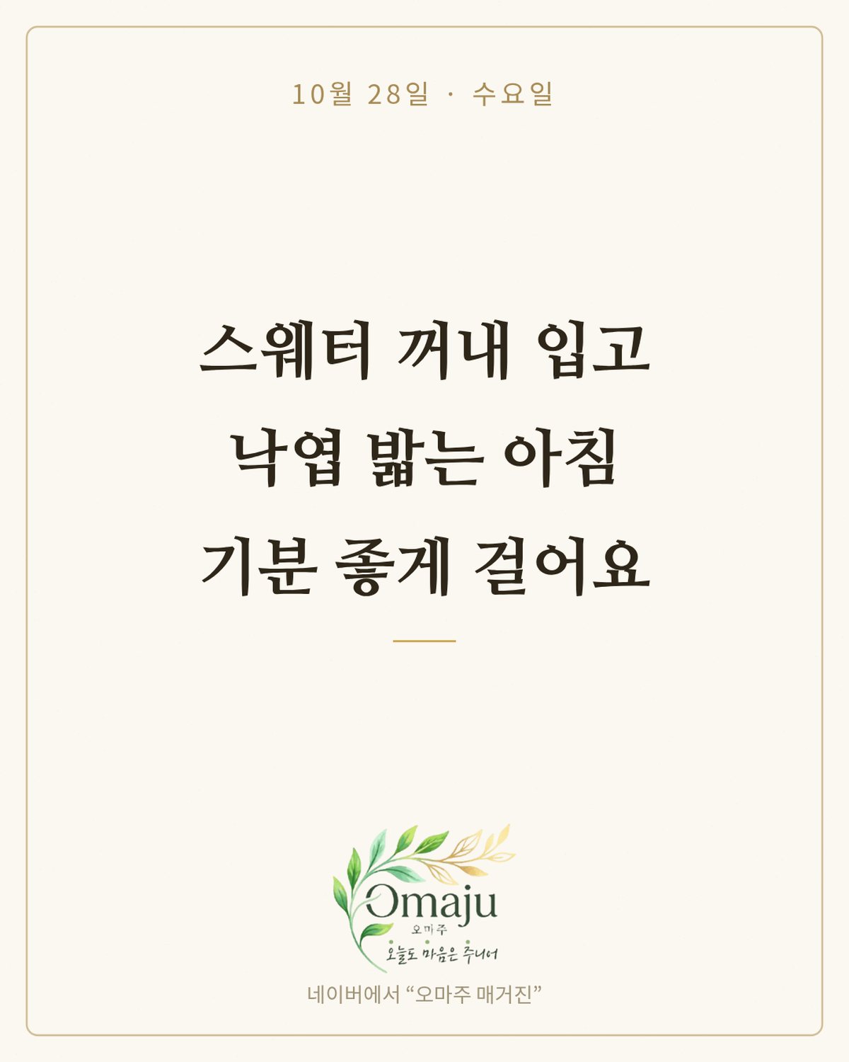 10월 28일 수요일 좋은 아침 인사 이미지 1 — 스웨터 꺼내 입고 낙엽 밟는 아침 기분 좋게 걸어요